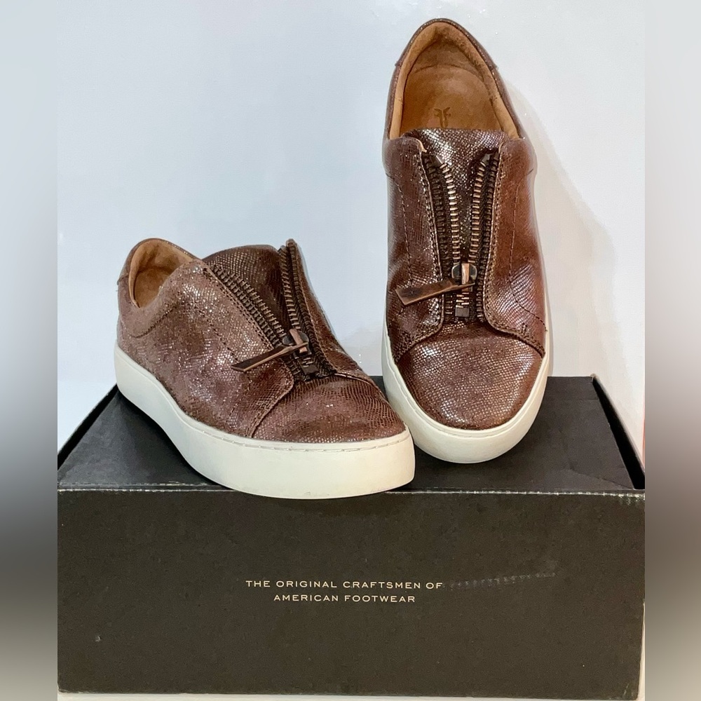 FRYE Lena Low Zip Multi Metallic Brown Leather Zip Sneakers 9M Worn 3 Times wBox